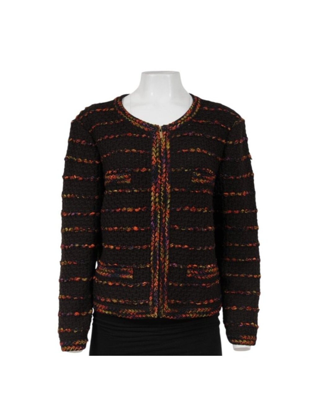 St John Womens Tweed Knit Jacket Size US 16 Brown Pink Red Wool Blend Front Zip